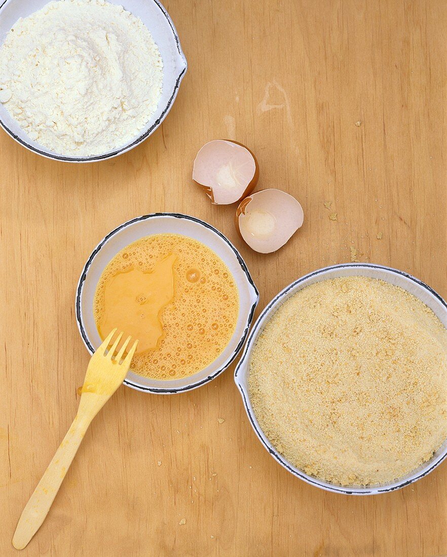 Ingredients for breading: flour, eggs and breadcrumbs