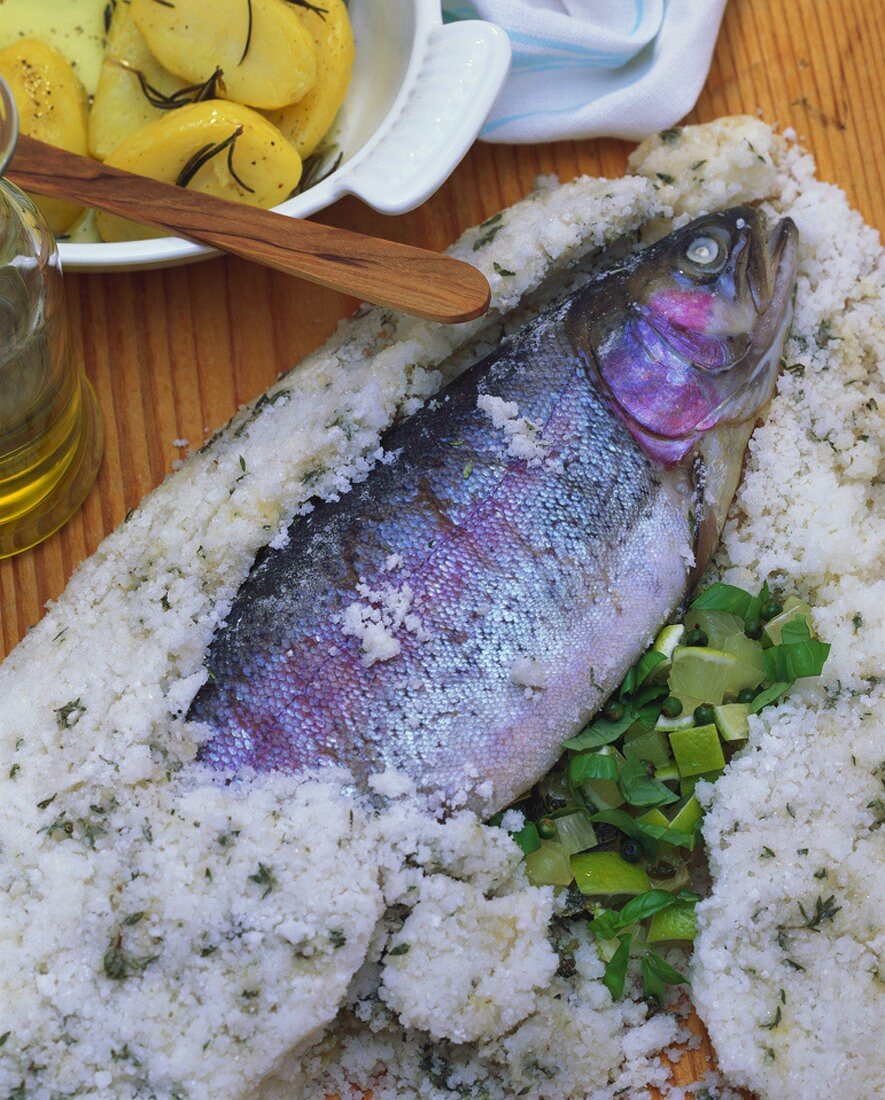 Salmon trout in salt crust