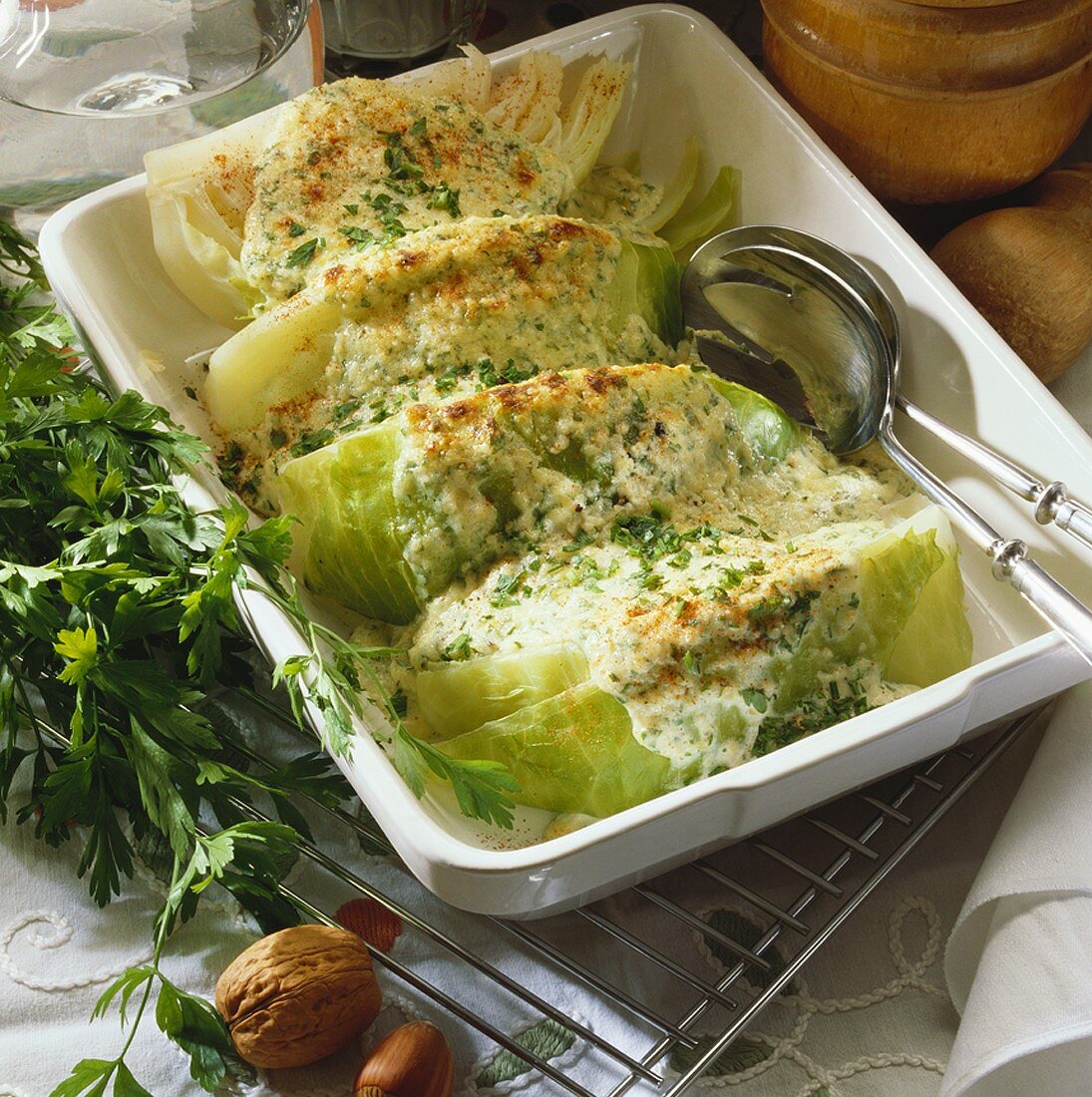 Baked cabbage with nut topping