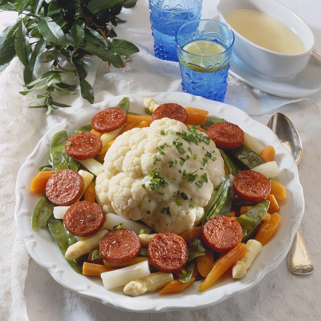 Leipzig-style mixed vegetables with cauliflower & Mettwurst