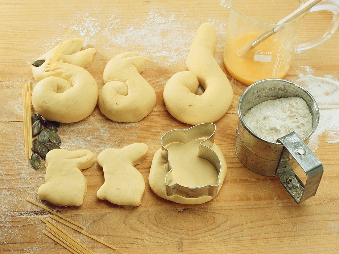 Making baked Easter Bunnies (yeast dough)