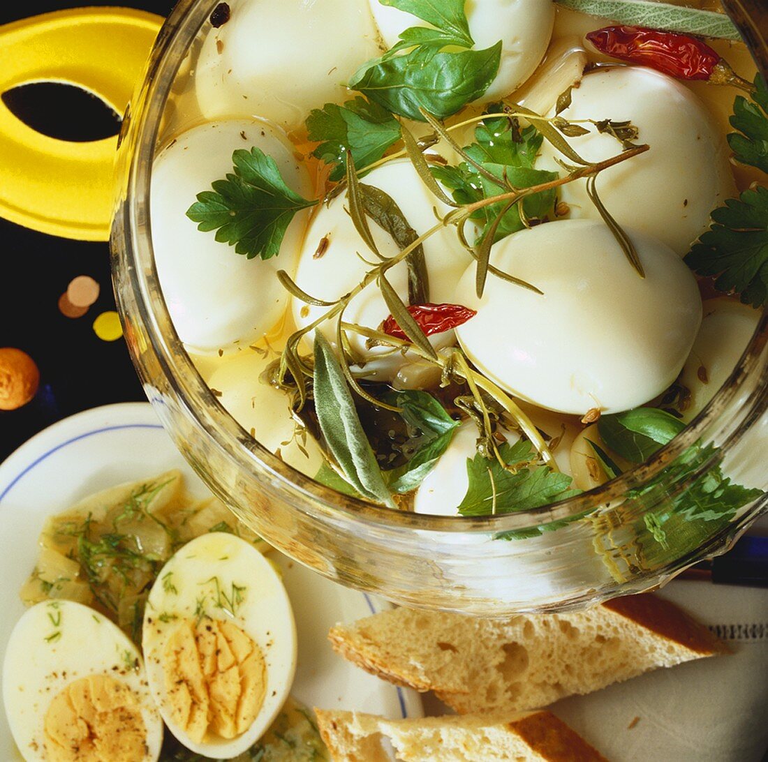 Spiced pickled eggs with mustard dip