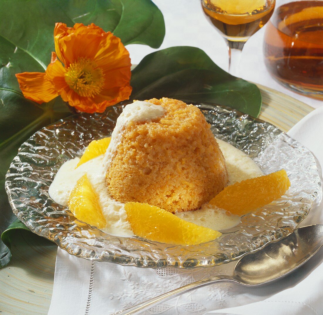 Carrot pudding with orange sauce