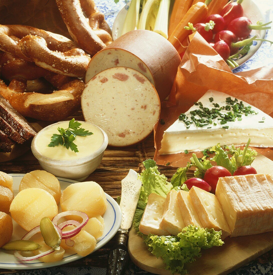 Platter of cheese and sausages for hearty snack