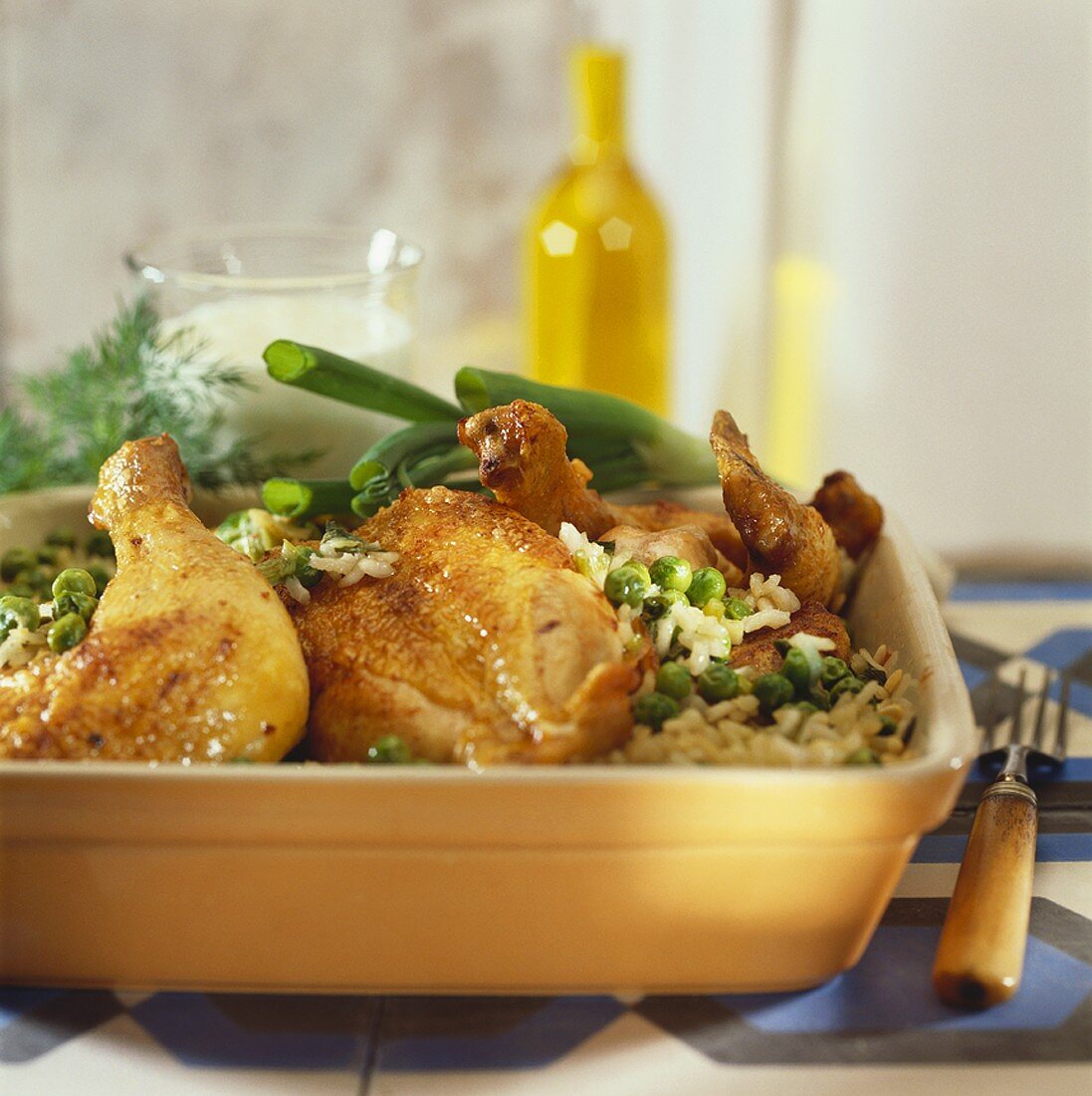 Braised chicken with rice and peas