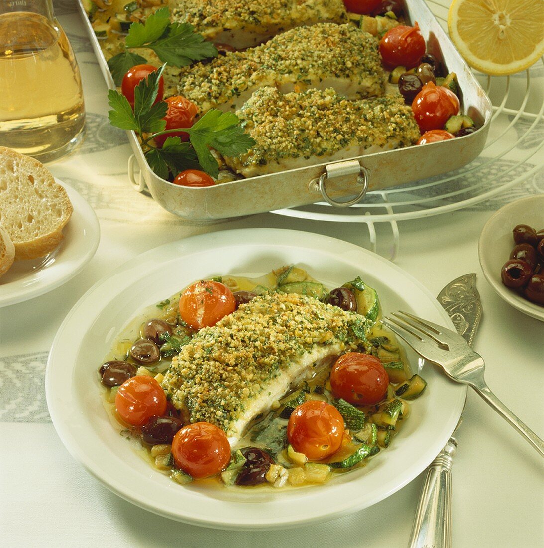 Catfish with herb and almond crust and vegetables