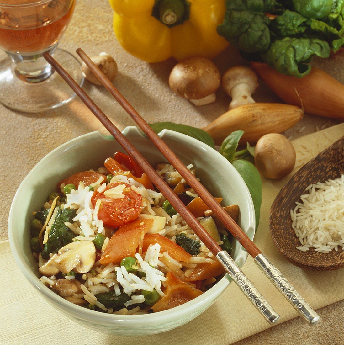 Rice with vegetables and mushrooms in a small bowl