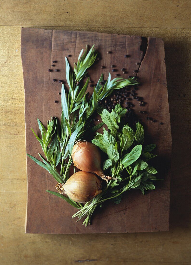 Onions, tarragon, peppermint, peppercorns