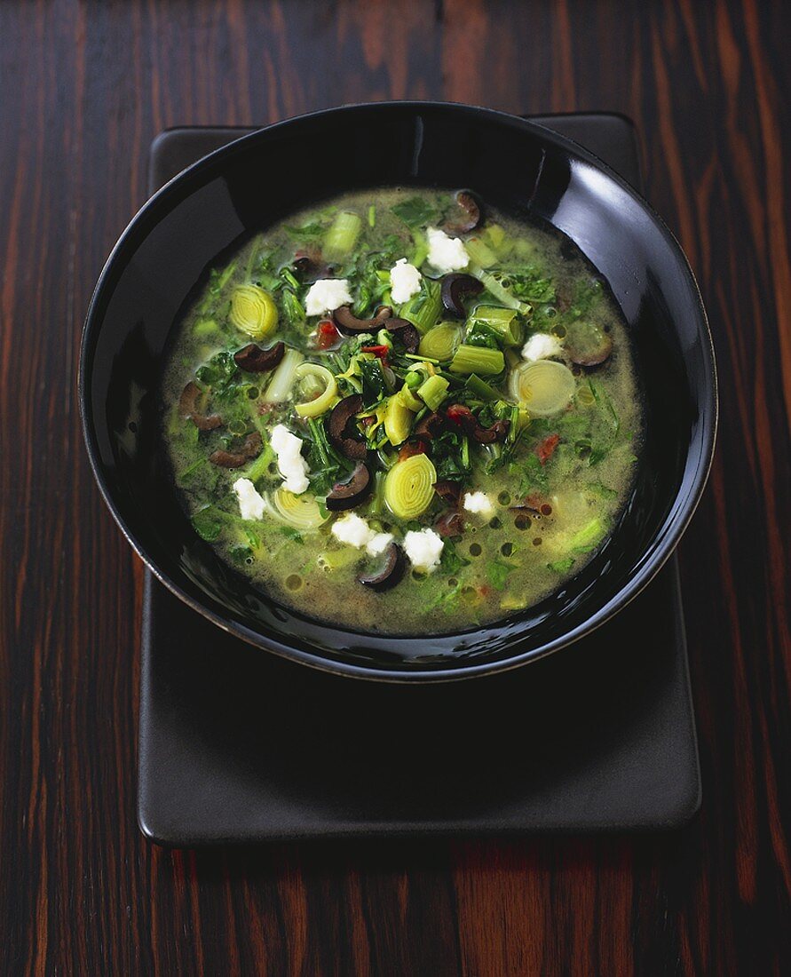 Leek soup with feta and olives