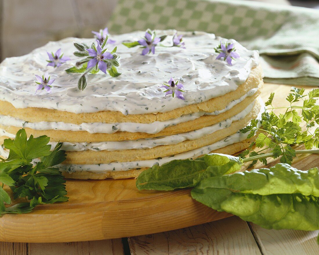 Layer cake with herb quark filling
