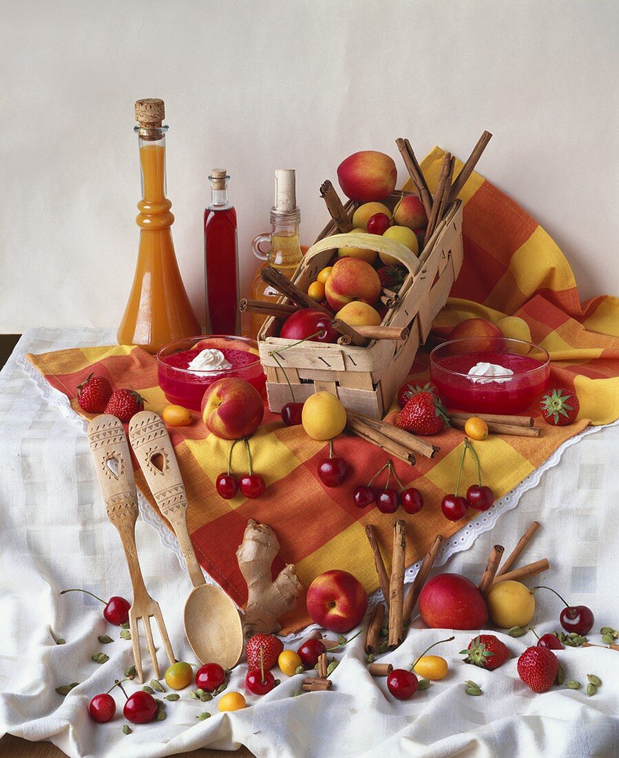 Still life with cherries, apricots and nectarines