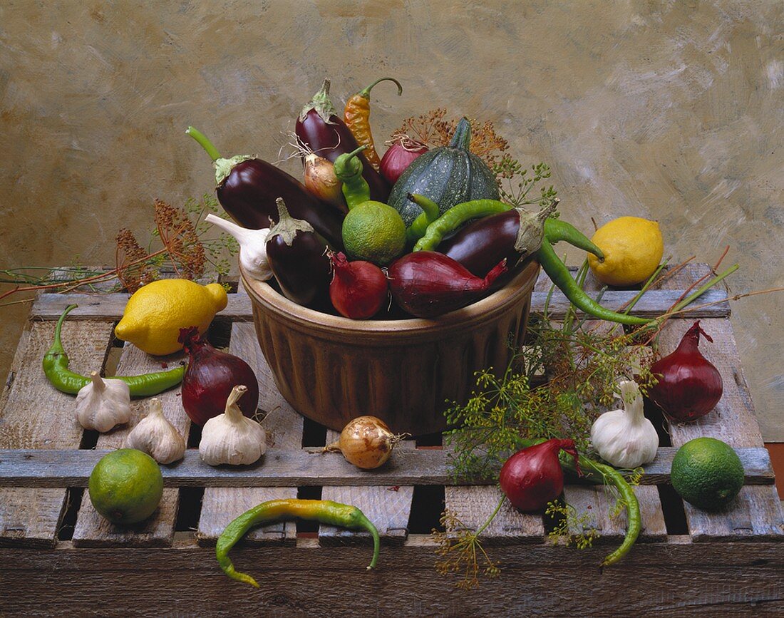 Still life with vegetables, lemons and dill flowers