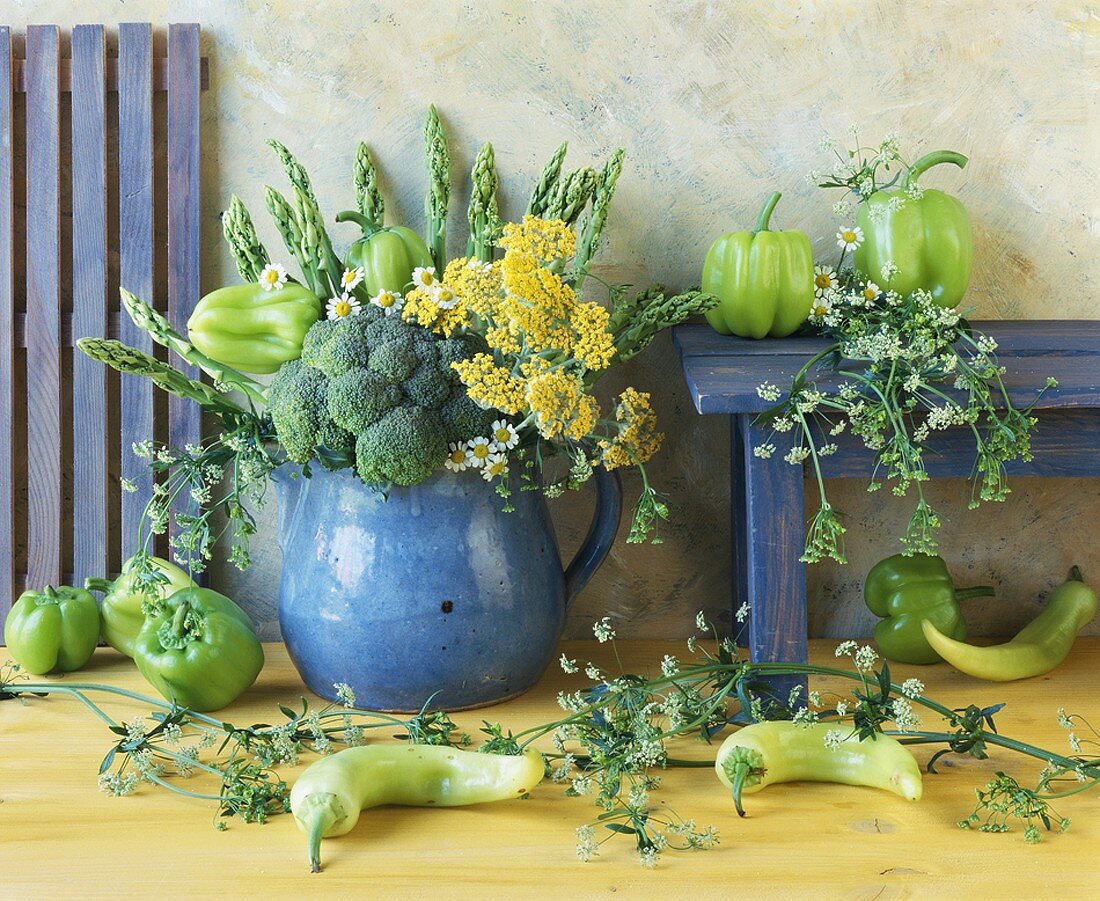 Arrangement of broccoli, peppers, asparagus & celery flowers