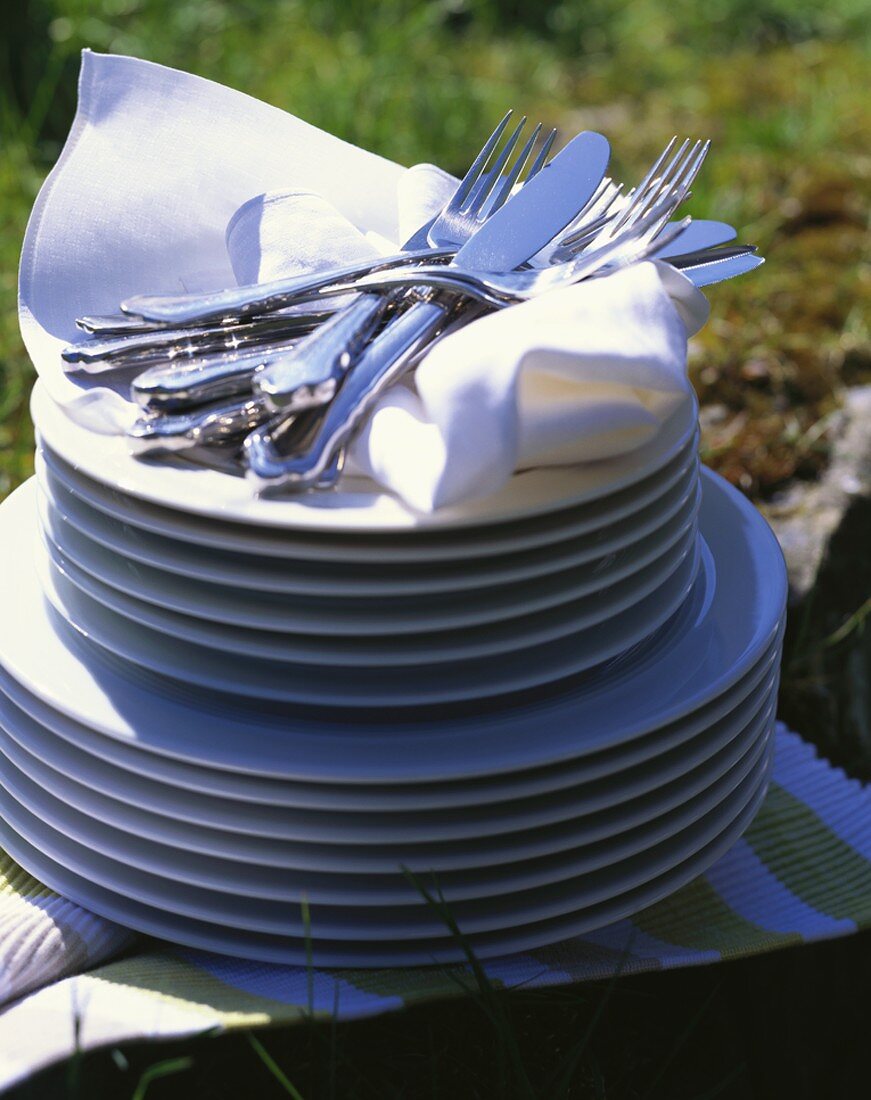 Fabric napkins and cutlery on stacked plates