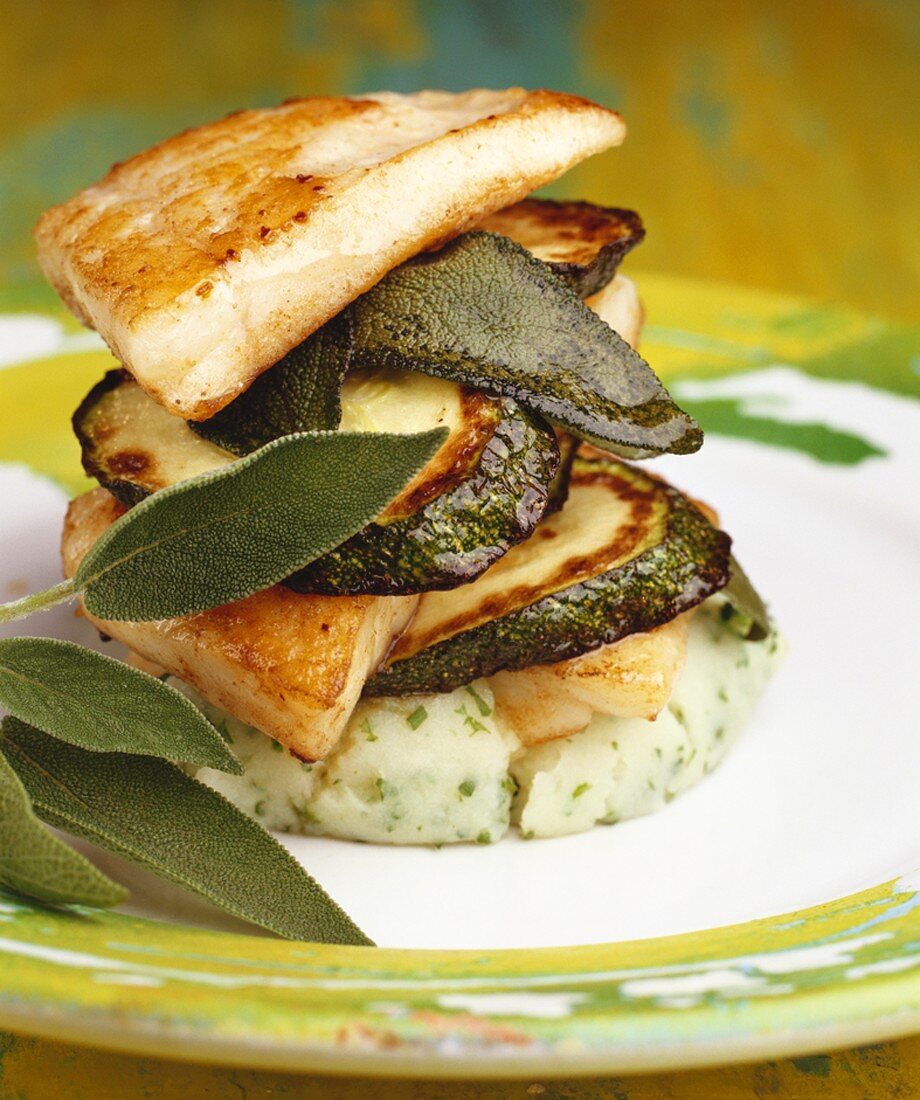 Turm aus Hähnchenbrust, Zucchini mit Salbei auf Kartoffelbrei