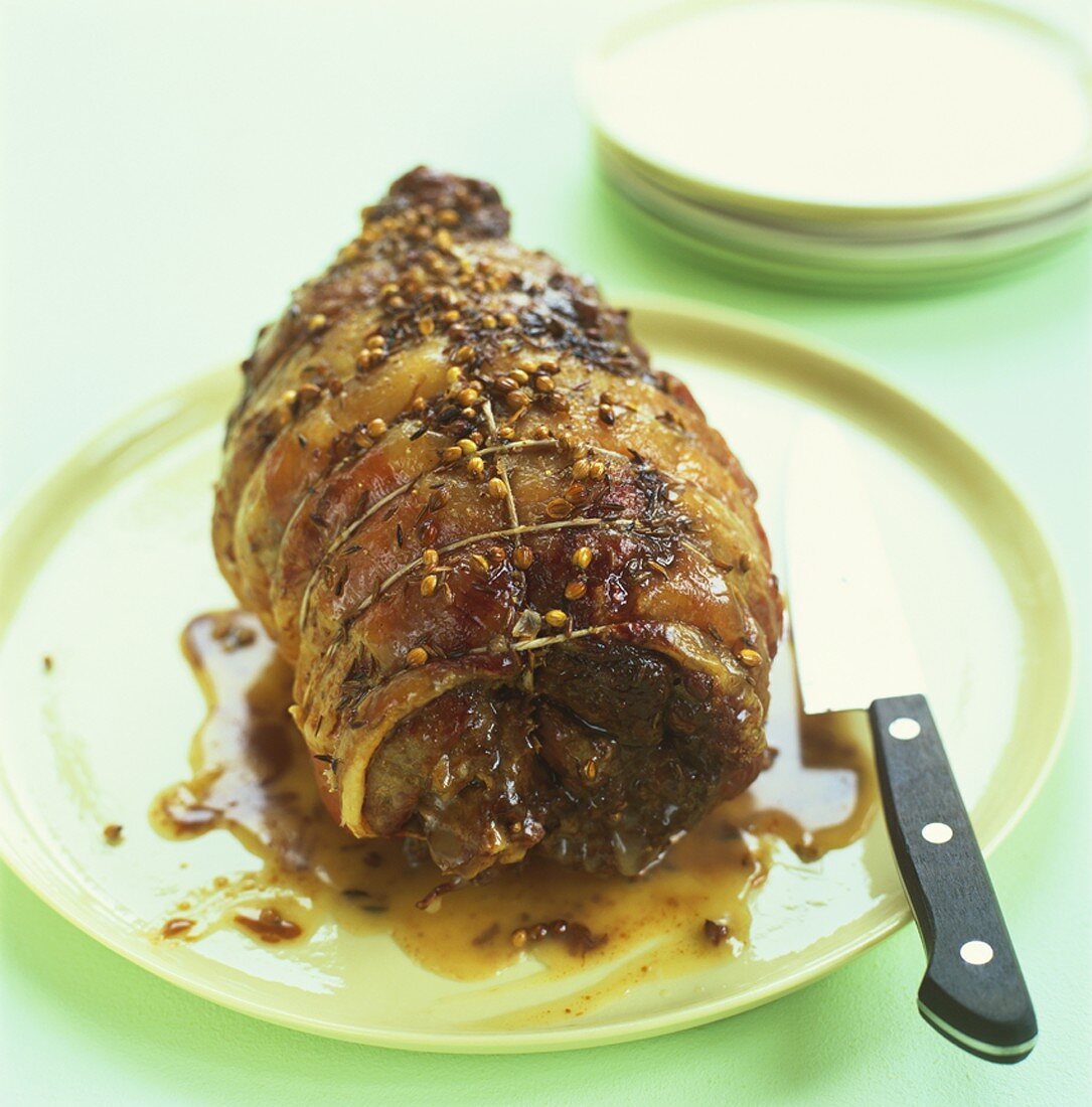 Whole rolled roast shoulder of lamb with coriander seeds