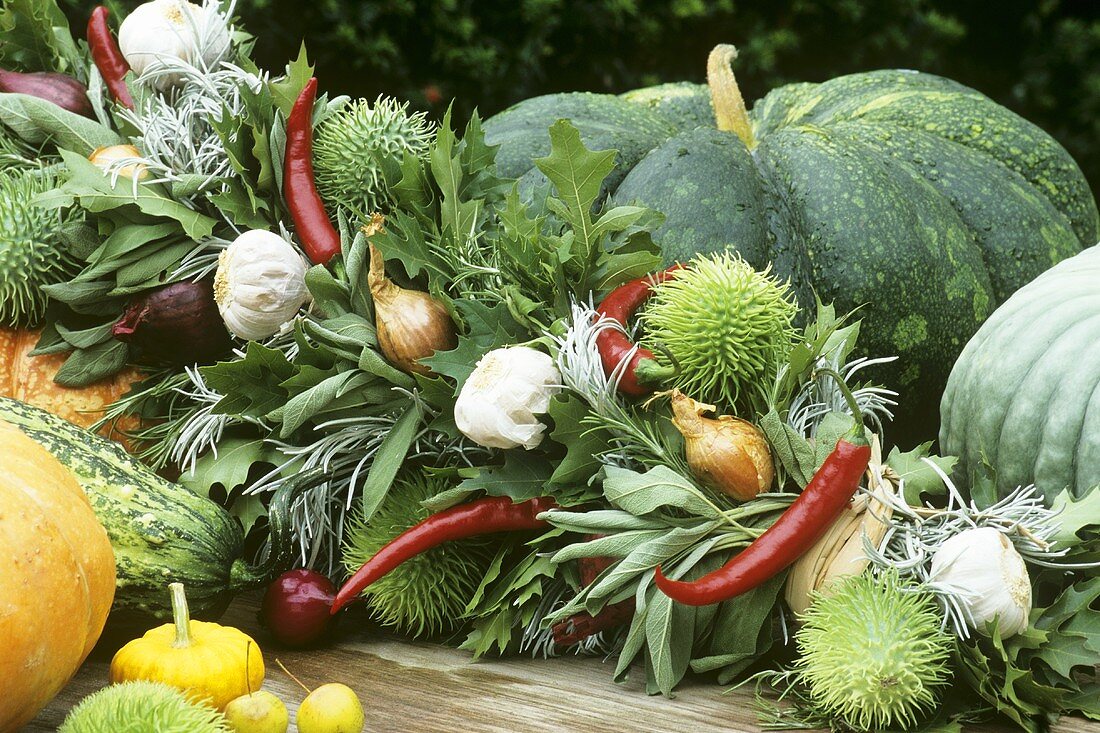 Autumnal arrangement of vegetables, herbs and spices