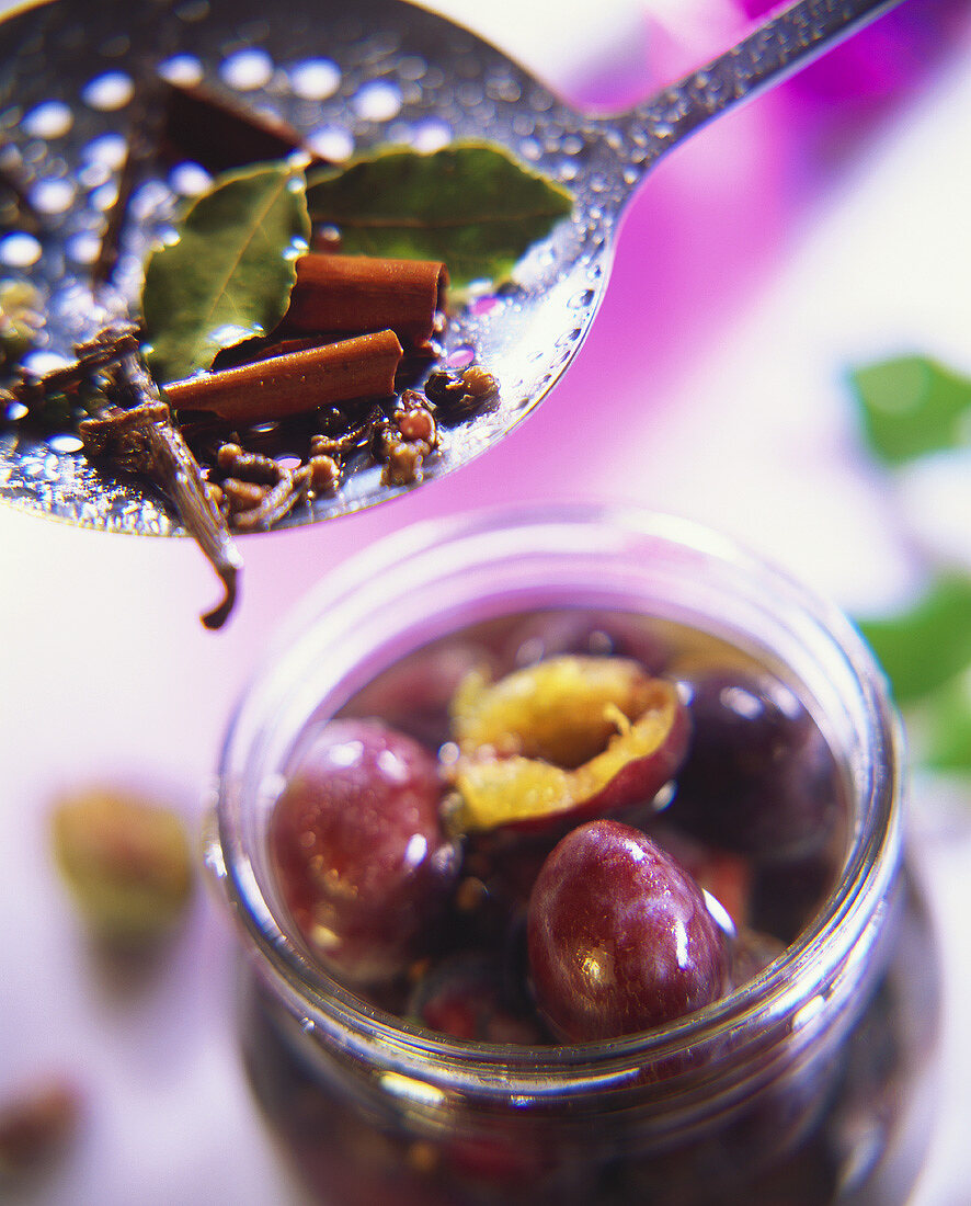 Pickled damsons (in vinegar with cinnamon etc.)