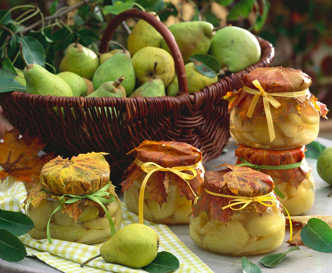 Bottled pears in jars