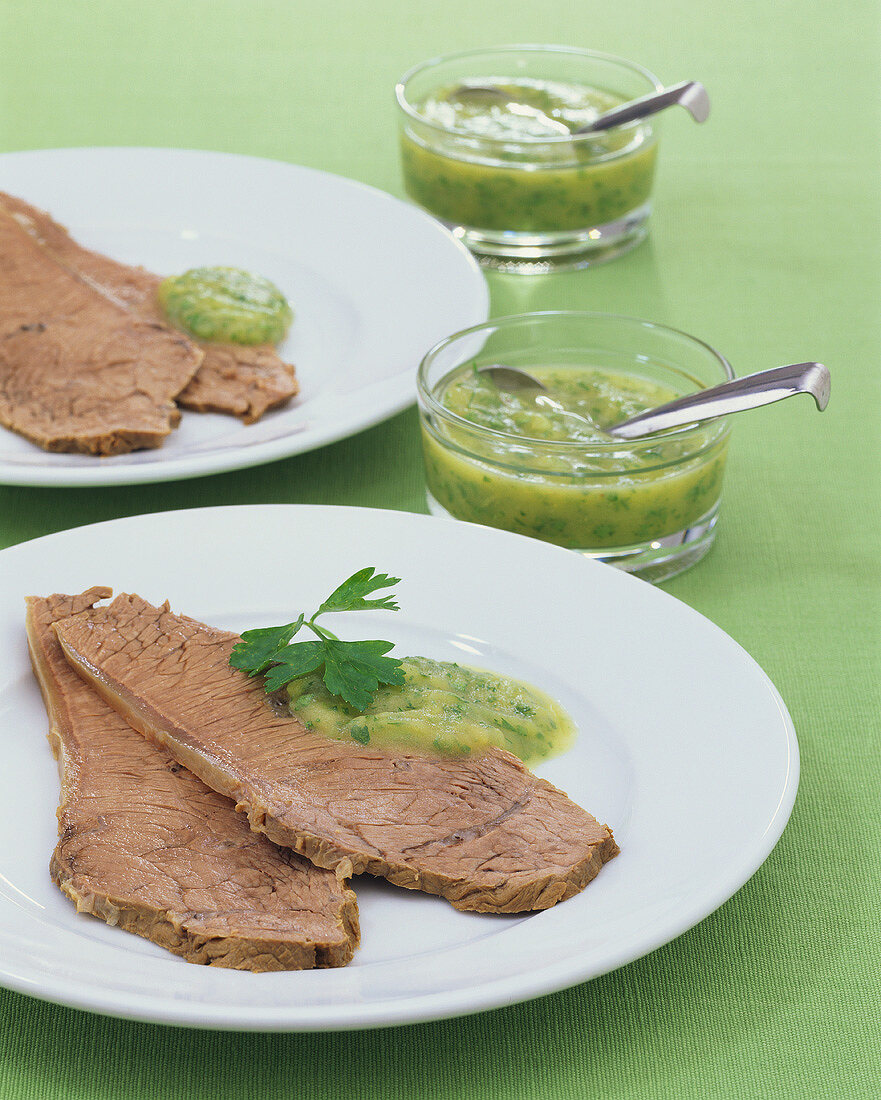 Boiled beef with parsley-potato sauce