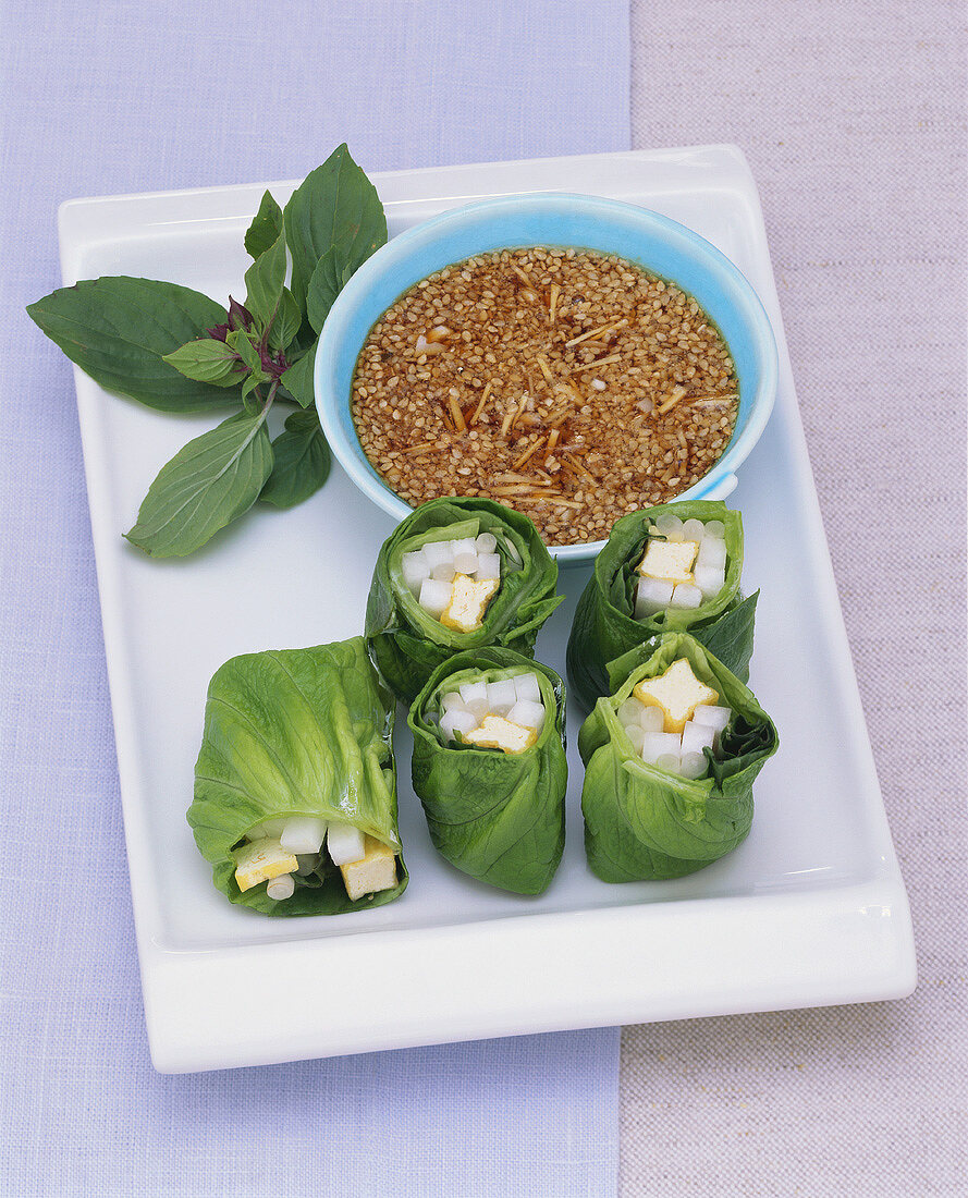 Salatröllchen mit Tofu-Rettich-Füllung und Sesam-Ingwer-Sauce