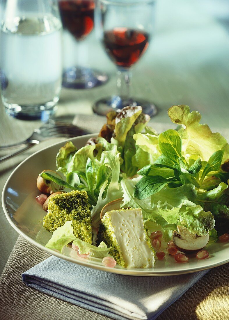 Gemischter Blattsalat mit Käse und Granatapfelkernen