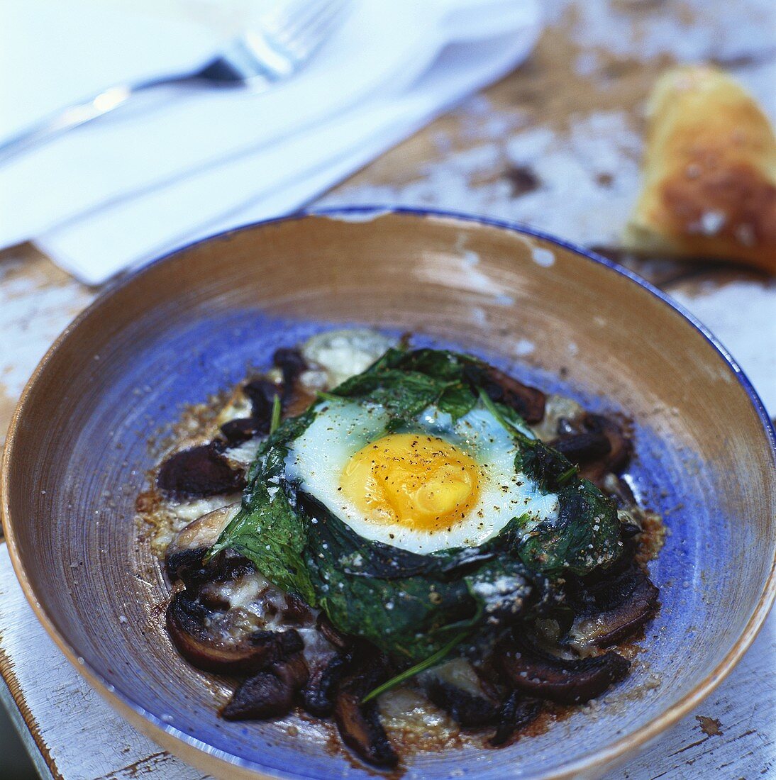 Fried egg with spinach, mushrooms and Cheddar cheese