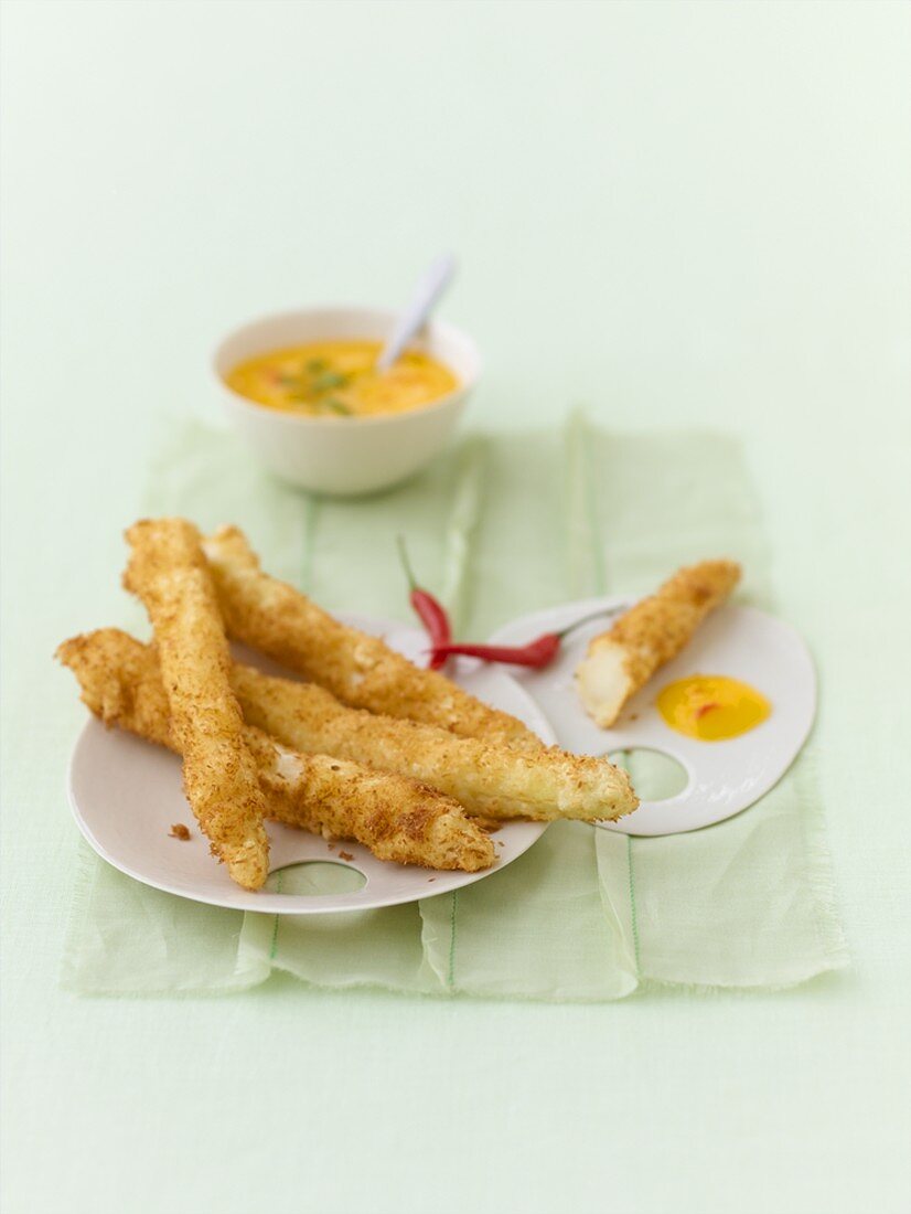 Deep-fried asparagus in coconut batter with mango dip