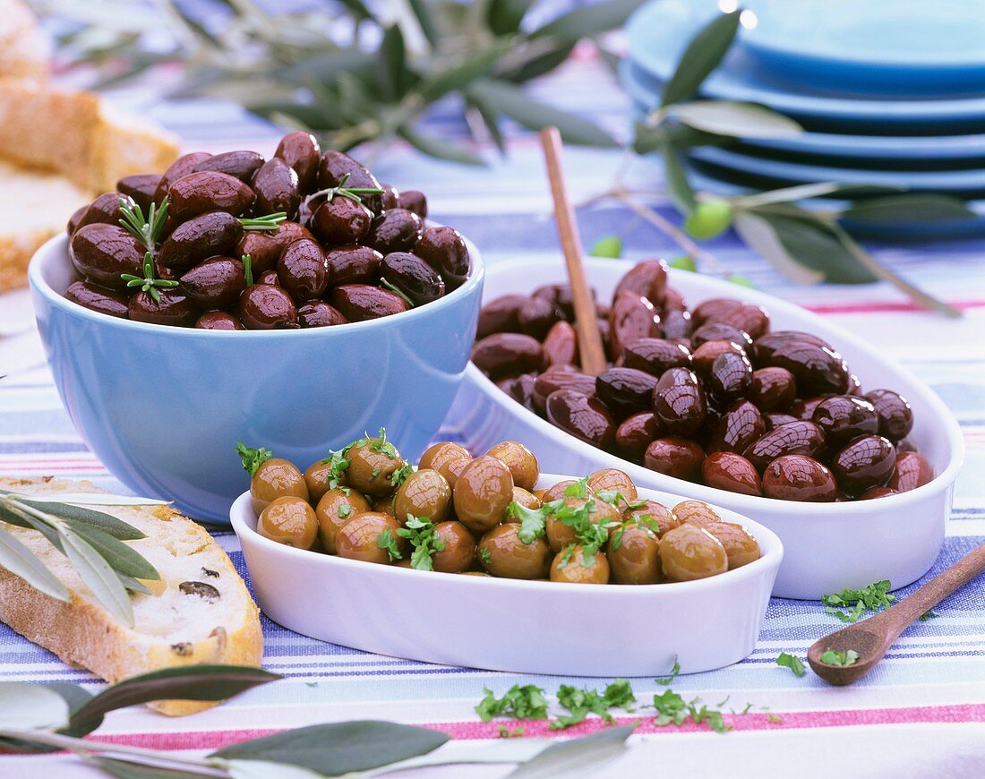 Various types of pickled olives for tapas