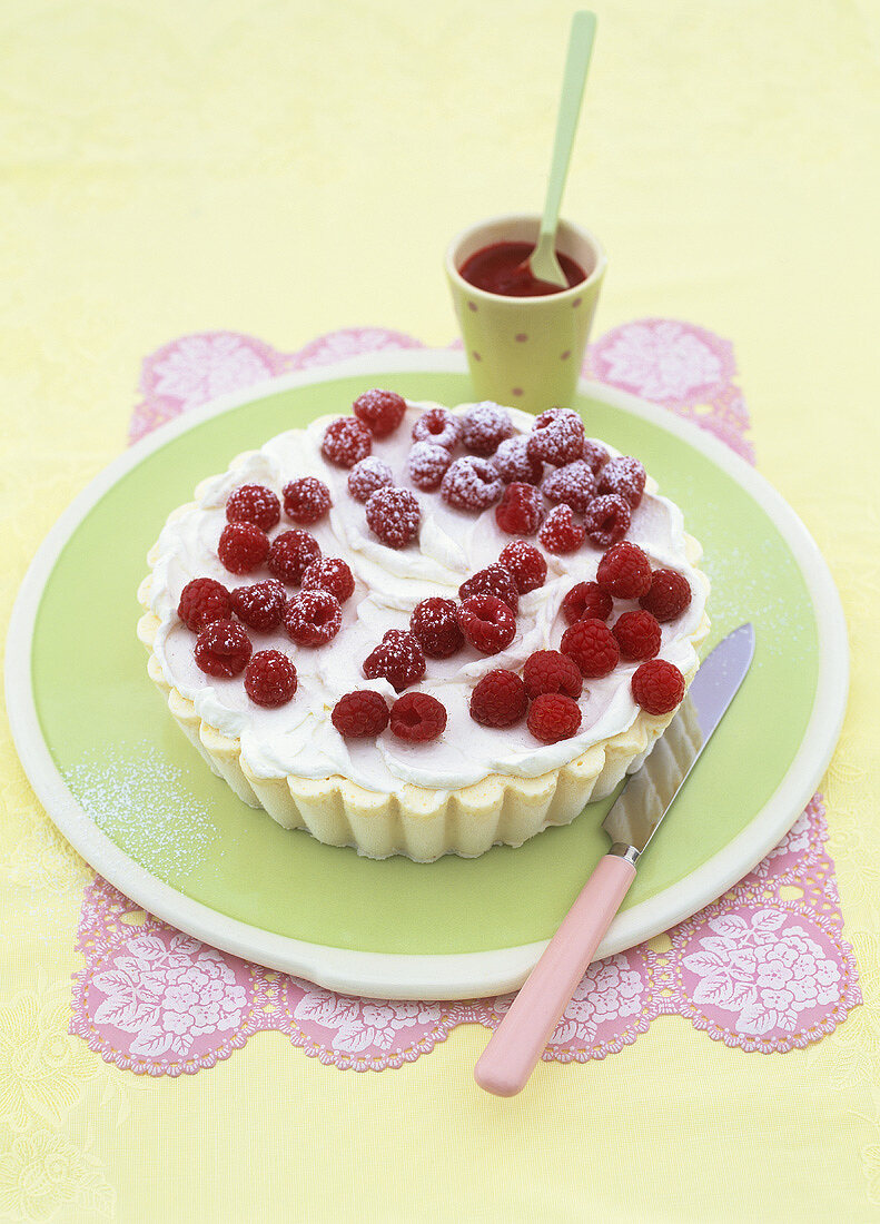 White chocolate ice cream and raspberry tart