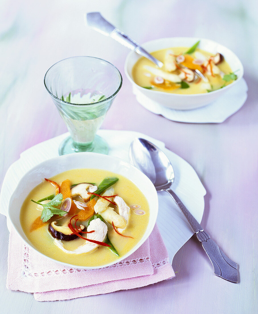Asian sweet potato and asparagus soup with chicken fillet