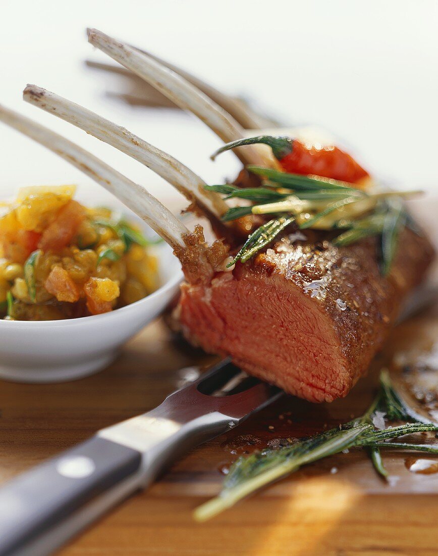 Rack of lamb with curried aubergine puree