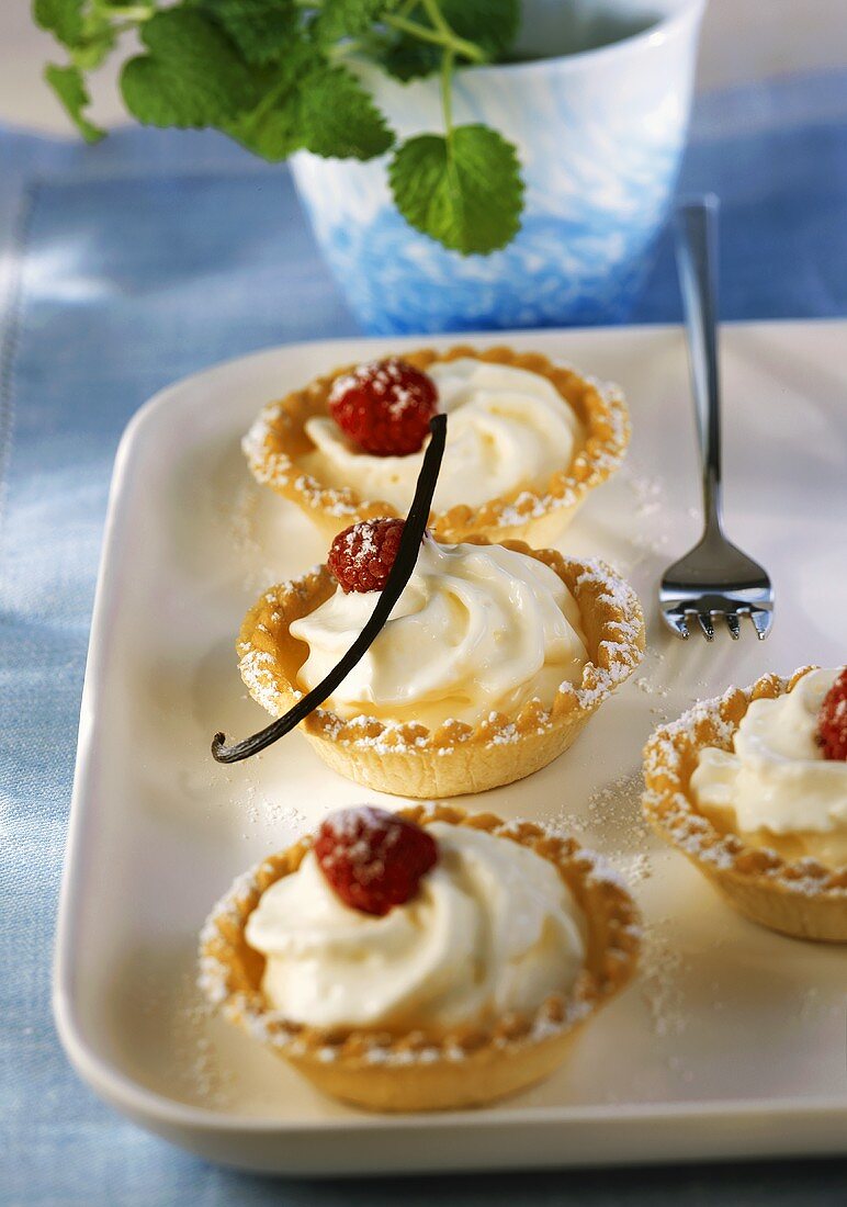 Small shortcrust pastry tart cases filled with vanilla cream