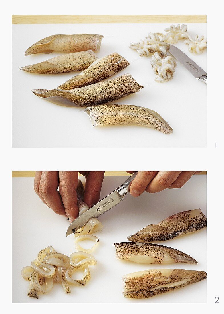 Cutting up and slicing calamaretti (squid)