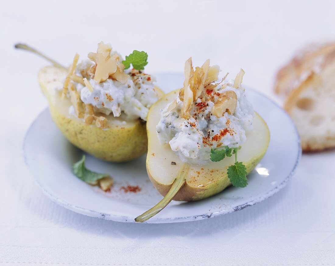 Pear halves with blue cheese