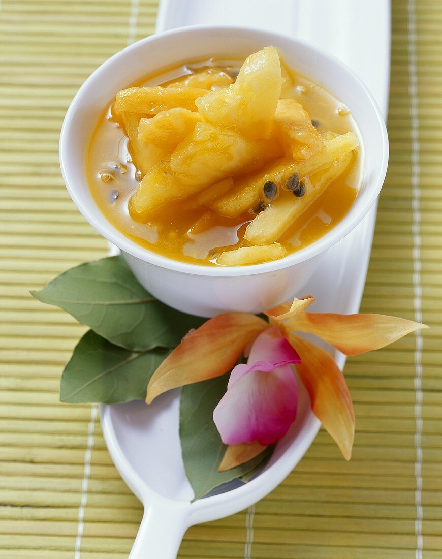 Pineapple, passion fruit & papaya compote with bay leaves