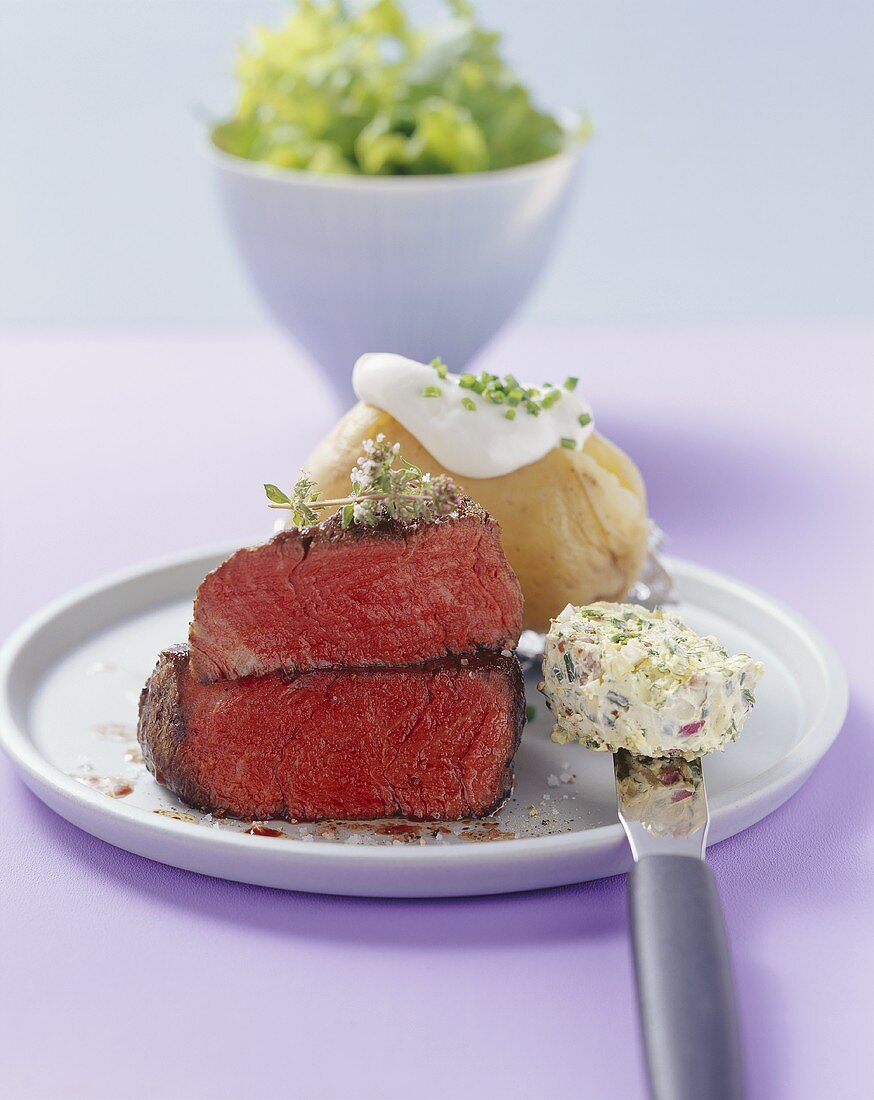 Beef fillet (rare) with herb butter