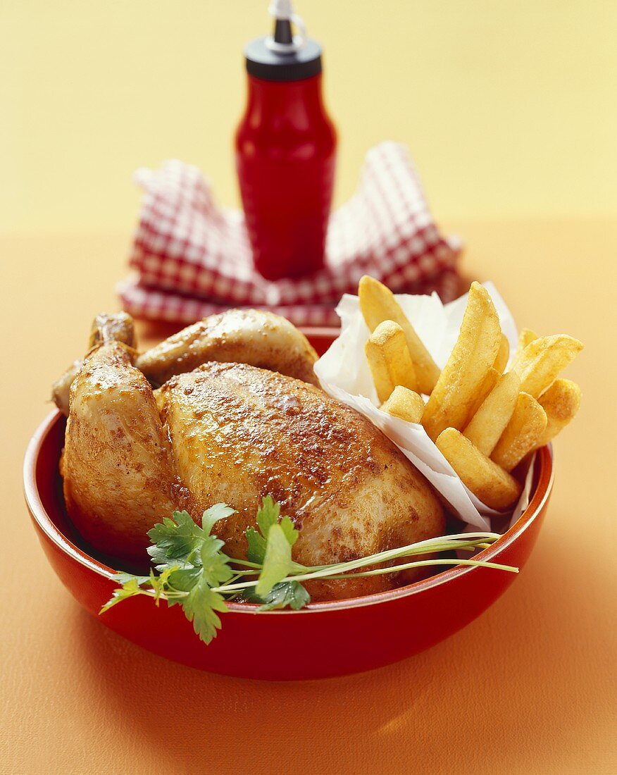 A roast chicken with chips