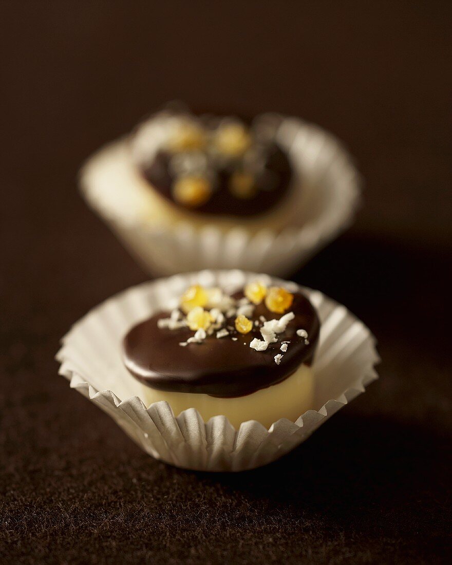 Two apricot truffles (close-up)
