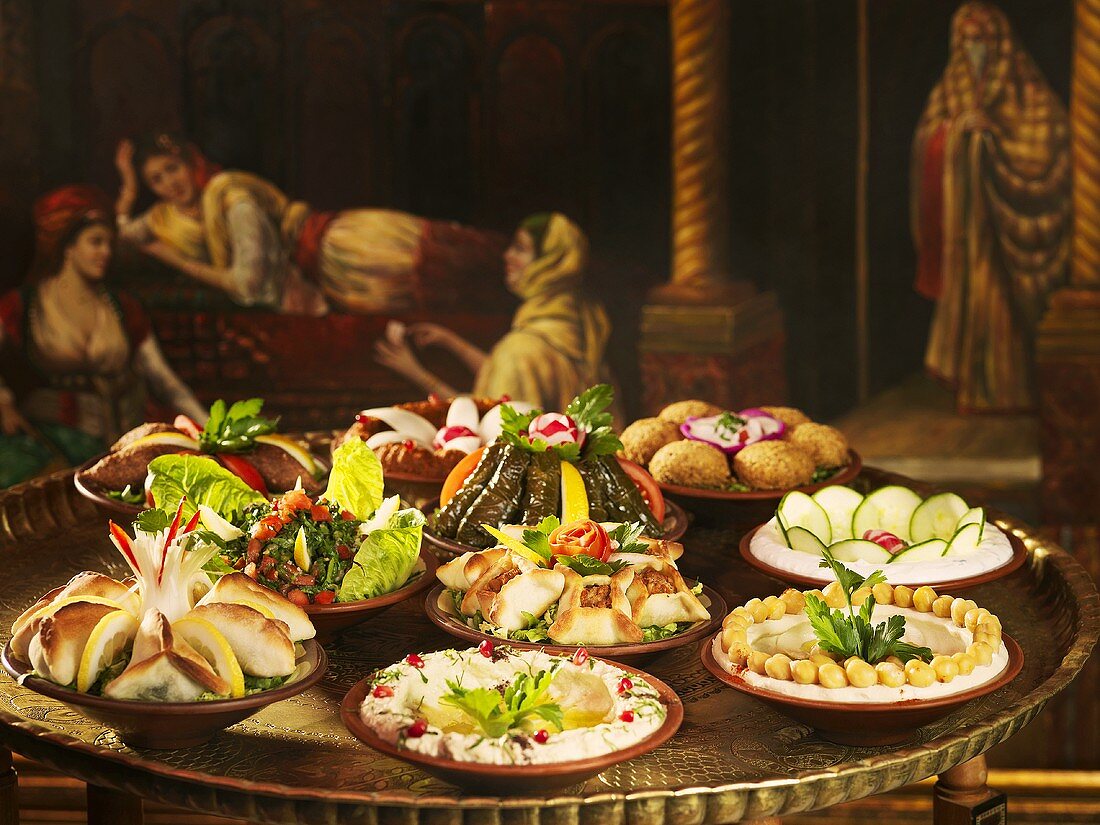 A rich selection of mezze on a table