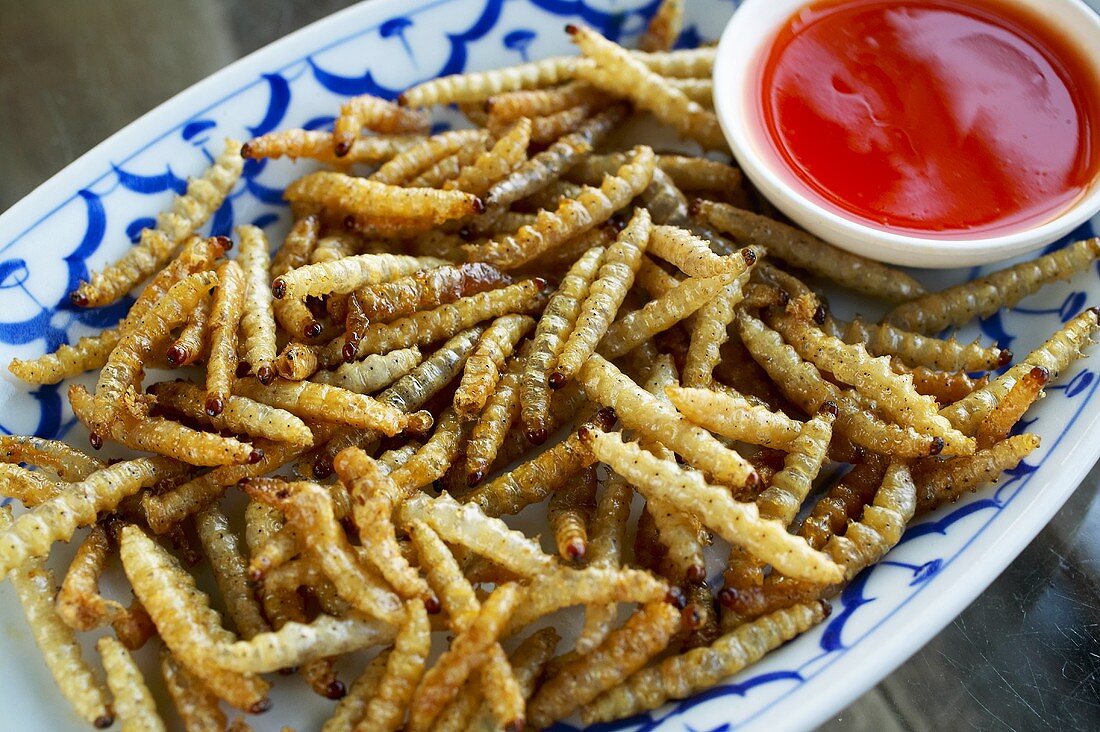 Fritierte Bambus-Würmer mit Chilli-Dip (Thailand)