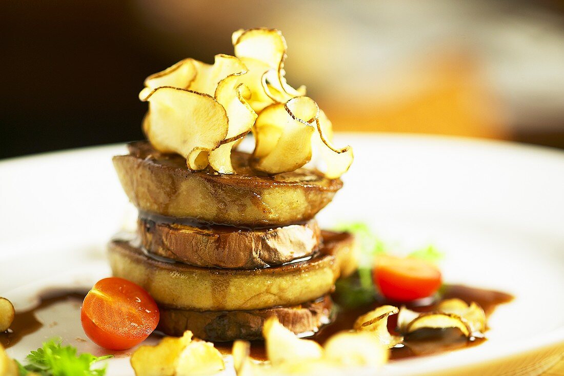Tower of beef fillet and tortilla with sherry sauce