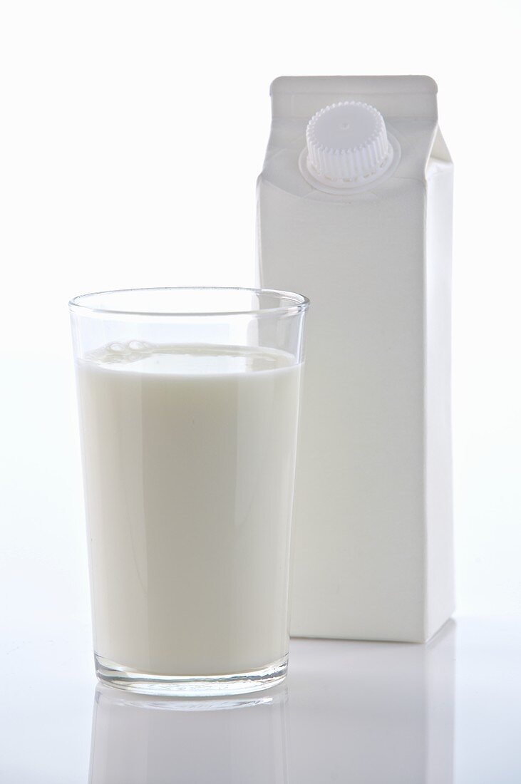Glass of milk with milk carton