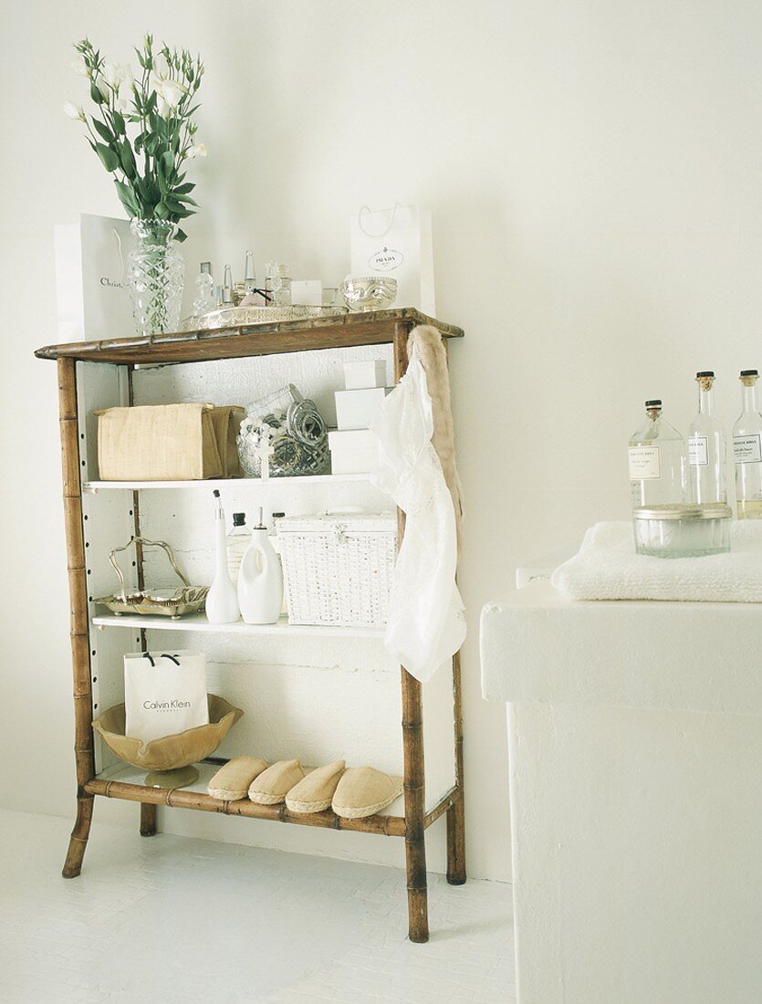 Bath accessories on a rack