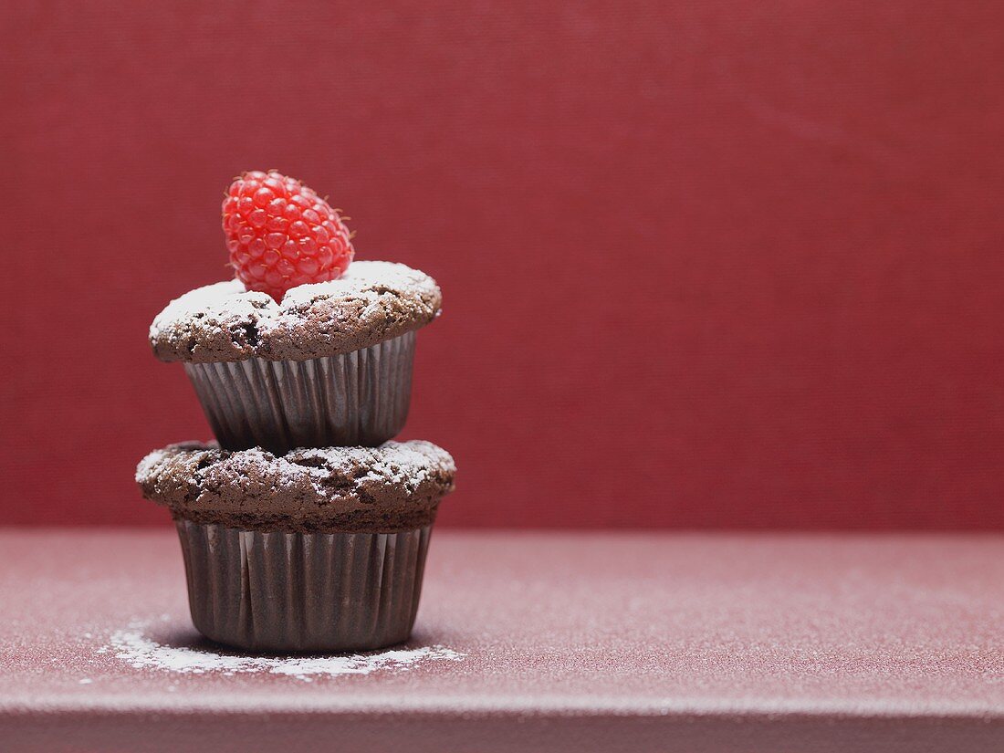 Two chocolate muffins, one on top of the other, with raspberry
