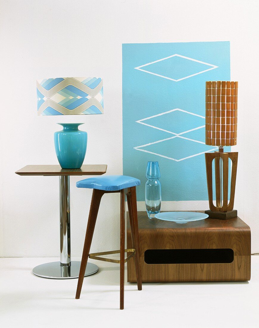 Various furnishings in blue and brown