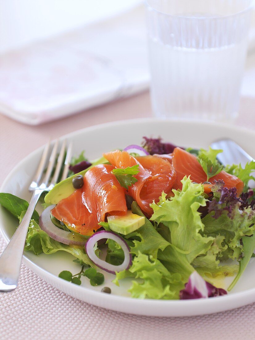 Mixed salad with smoked salmon, avocado and red onions