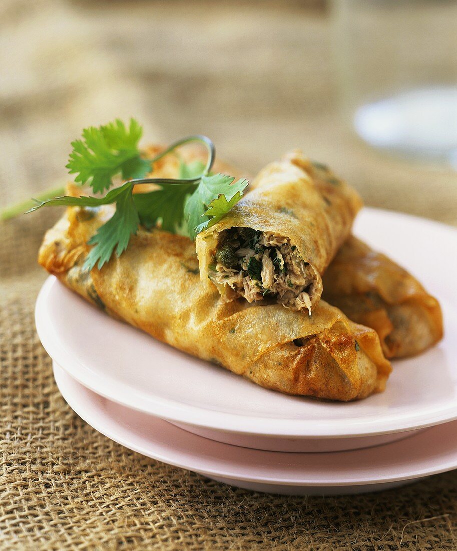 Filo pastry rolls filled with tuna and capers