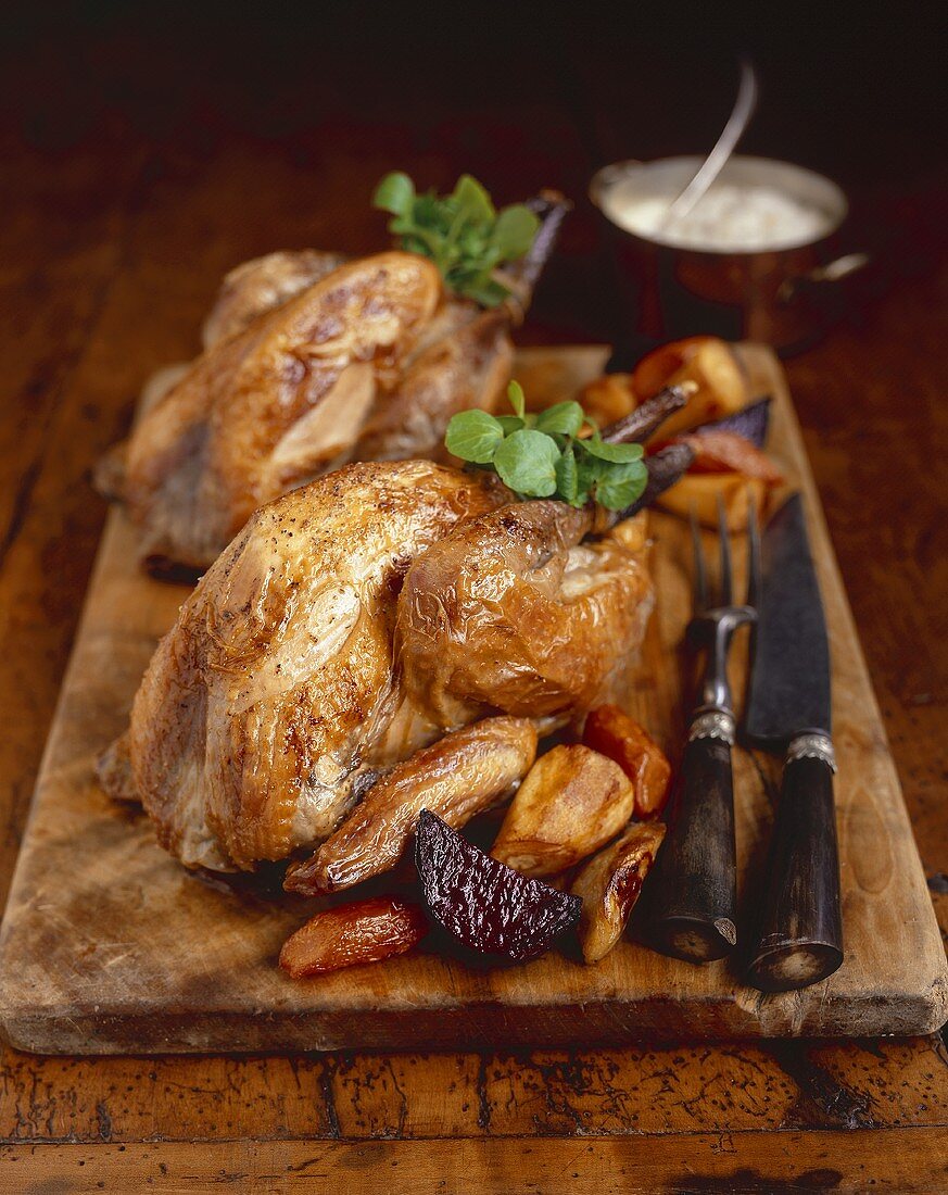 Roast guinea fowl with root vegetables and watercress