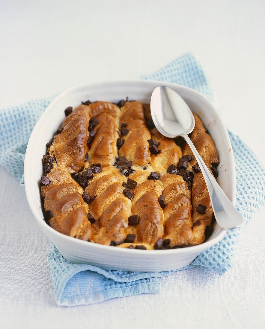 Bread and butter pudding with chocolate chips